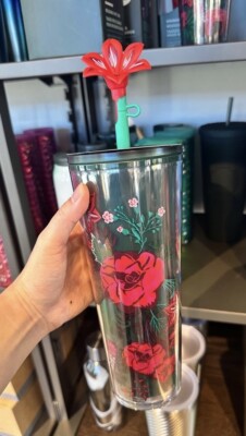 Starbucks Holiday Flower Top Cup Silicone Poinsettia Floral  Venti Tumbler 24oz