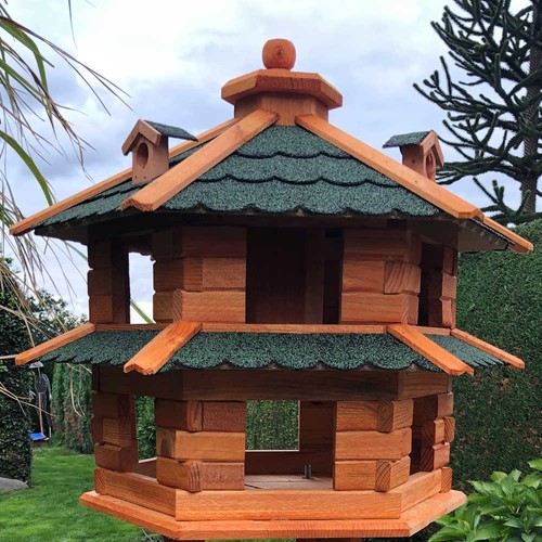 DARLUX Vogelvilla L Sechseck Doppelstock Holz Vogelhaus Futterstelle Braun/Grün - Picture 4 of 4