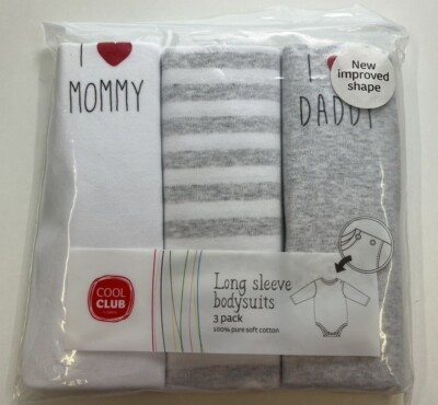 Baby Langarmbody 3-er Pack Bodies 80 86 92 Baumwolle I LOVE MOM DAD neutral grau