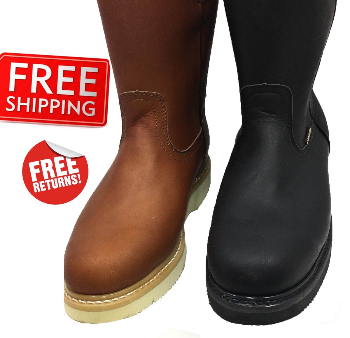 Men's Work Boots Pull On Leather Brown or Black oil slip