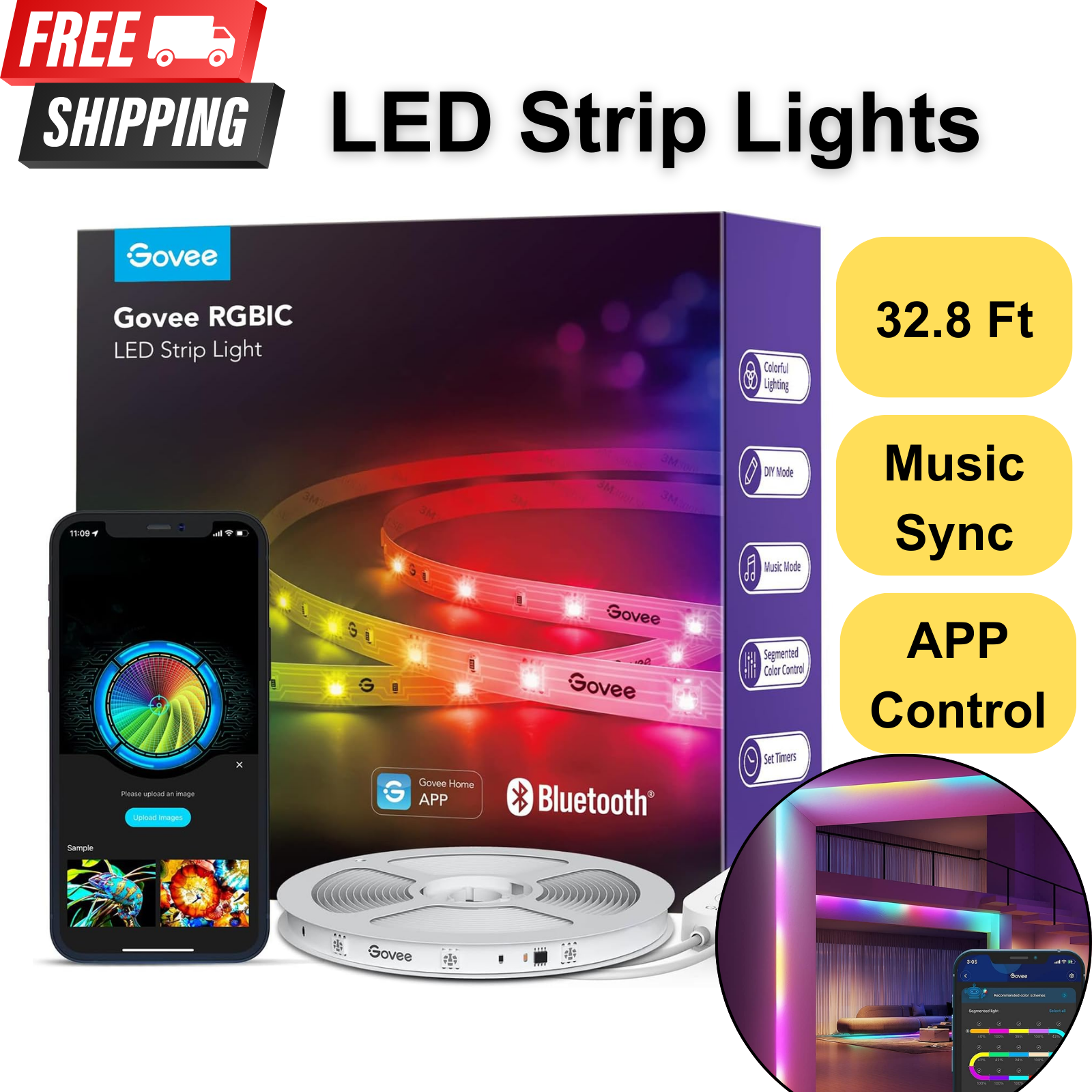 LED Strip Lights - 32.8 Ft Smart Bluetooth LED Lights W/ APP Control, Music Sync-image