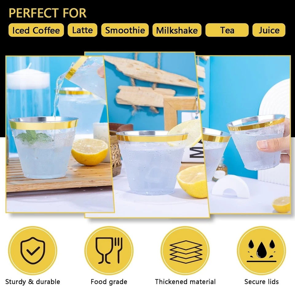 9oz Disposable Party Cups Gold Rim Hard Plastic Heavy Duty Set Pack of 100 - Image 4 of 4