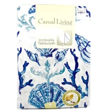 Lyra Reef Indoor/Outdoor Zipper Umbrella Tablecloth,White,Blue Shells,70"poly