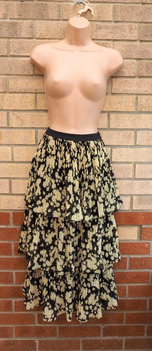 TOPSHOP BLACK YELLOW DAISY PLEATED PLISSE RUFFLE A LINE MIDI SKIRT