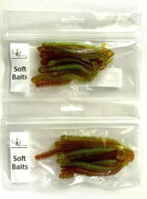 2 PACKS Jed Welsh 4'' Ribbed Curly Tail Worm Motor Oil Chartreuse with Glitter