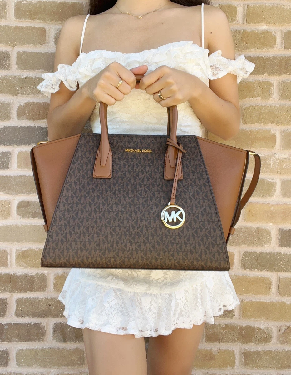 Michael Kors Avril Large Top Zip Satchel Shoulder Bag MK Brown MK Signature