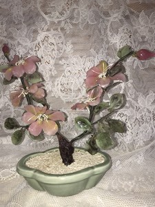 Vintage Glass Jade Bonsai Sakura Cherry Blossom Tree In Celadon Green Pot Ebay