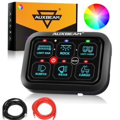AUXBEAM RGB 6 Gang Switch Panel Toggle Circuit Relay System + 7ft Electric Wire