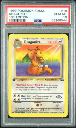 POKEMON DRAGONITE 1999 FOSSIL 1ST EDITION #19 PSA 10
