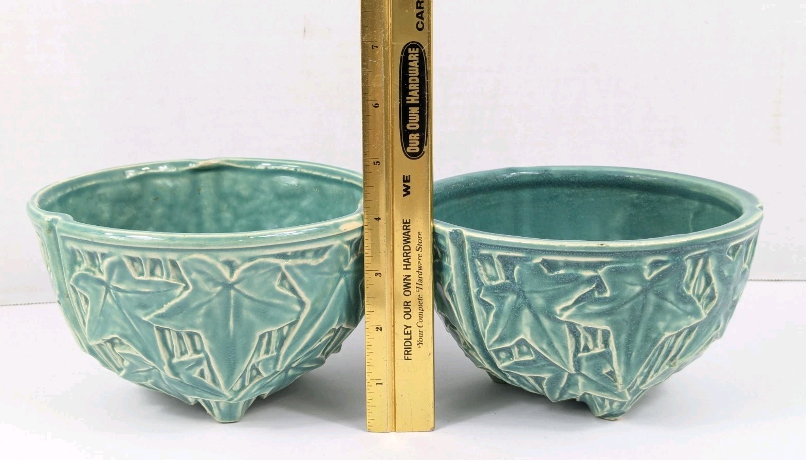 (2) Vintage McCoy Unmarked Pottery Ivy Turquoise Basket Planters 3 Footed