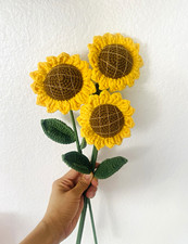 Handmade Crochet Sunflower Stems Set of 3 Yarn Artificial Flowers Yellow Brown