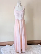 Vintage Gunne Sax Cottage Core Dress 5 Peach Pink Cream Lace Maxi Voile Prairie