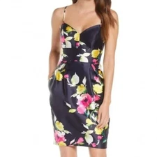 Eliza J NWT Floral Mikado Mini Satin Cocktail Dress Wedding Guest Navy Size 8