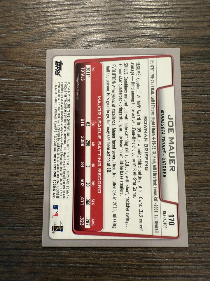 2012 Bowman Chrome #170 Joe Mauer Green Refractors - Image 2 of 2