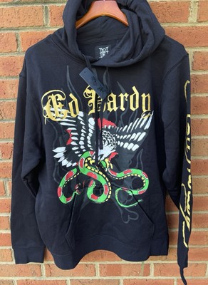 $99 ED HARDY MEN BLACK ROCKIN COBRA SNAKE EAGLE HOODED SWEATSHIRT HOODIE L LARGE