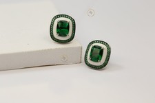 925 Sterling Silver Emerald CZ Stud Earrings  1.6 cm  Elegant Green Jewelry.