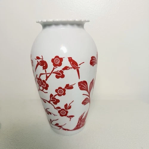 VNTG Retro MCM Anchor Hocking Vitrock Vase Red Birds and Blossoms White Red