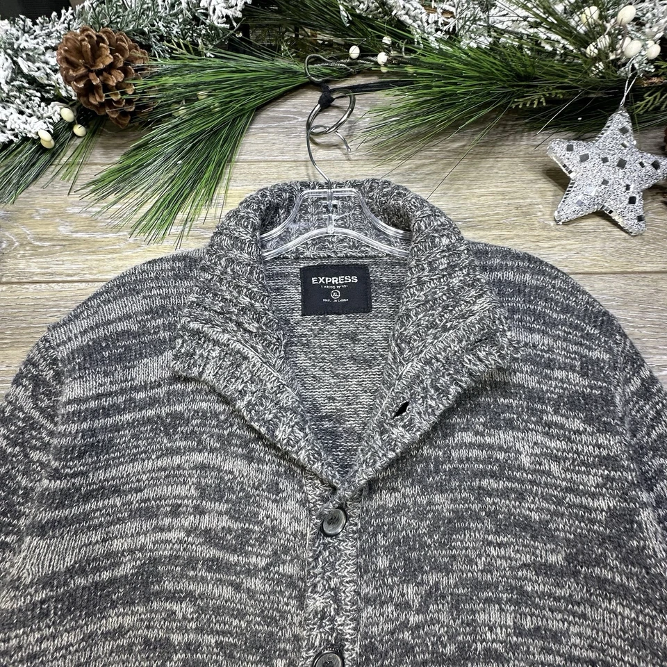 Express Men Cardigan Sweater Size Extra Large XL Gray Knit Buttons Lambs Wool - Image 2 of 4