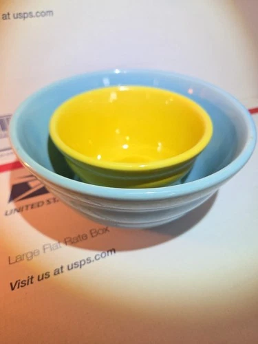 Bauer Pottery Beehive Ring Ware #36 Yellow Mixing Bowl And # 24 Blue Mid century