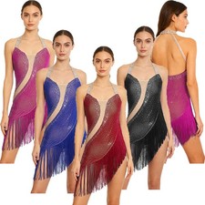 Womens Dress Prom Jumpsuit Tassel Leotard Hem Rhinestone Modern Latin Halter