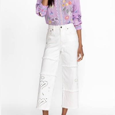 Johnny Was Sevilla Cropped Wide Leg Jean White Cotton Blend Denim Size 26