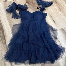 Radiante Couture Navy blue cocktail dress with layered mesh ruffle skirt