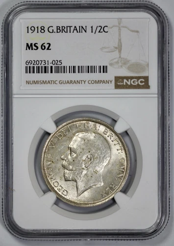 1918 Great Britain Silver 1/2C Half Crown NGC MS 62