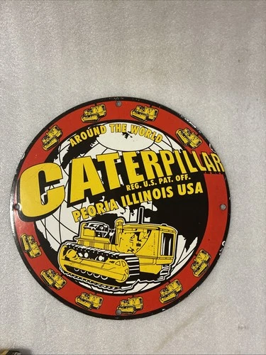 VINTAGE CATERPILLAR PORCELAIN SIGN OLD 10" DIESEL ENGINE FARM TRACTOR SERVICE