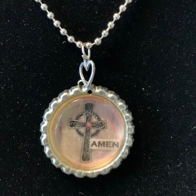 Amen Bottle Cap Necklace Heart Charm Toggle Clasp Vintage Style Pendant