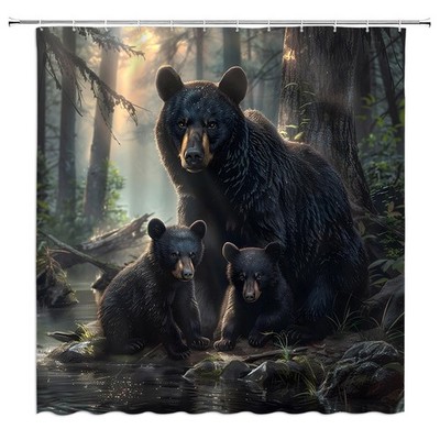 Black Bear Shower Curtain Wild Animal Forest Junge Rustic Country Hunting Ret...