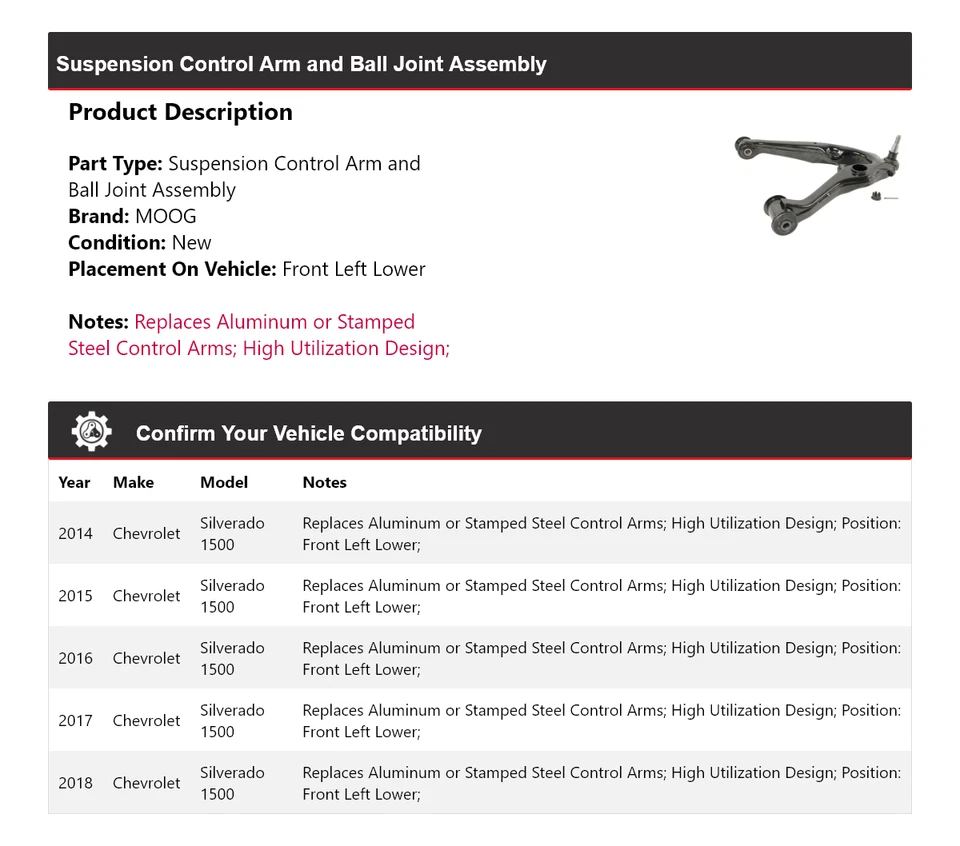 Brazo de control delantero izquierdo inferior MOOG 2014-2018 Chevrolet Silverado 1500 Foto 2 de 4
