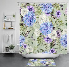 Summer Green Leaf Blue Hydrangea Floral Shower Curtain Bathroom Accessories Set