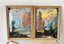 Vintage 1939 Native American Convex Glass Reverse Painted Silhouette Artwork