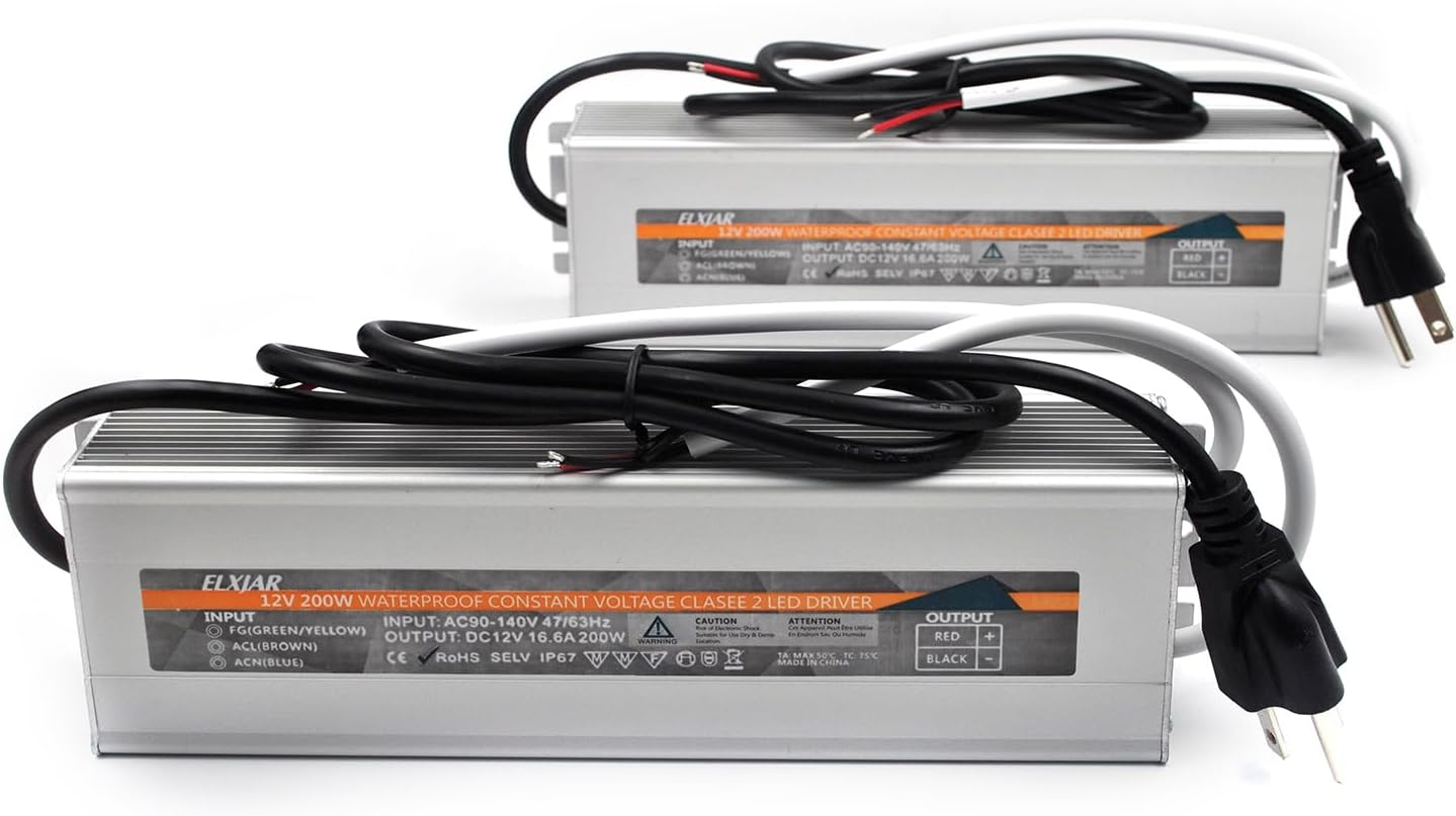 (2-Pack) 200W 12V Waterproof IP67 LED Power Supply Driver Transformer, 90-140V A