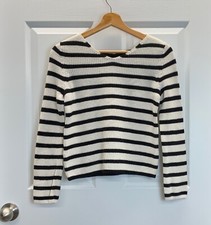 EUC Women s Ann Taylor LOFT Ivory Navy Blue Striped Crisscross Tie Sweater, XS