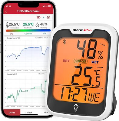 ThermoPro TP358 Bluetooth Hygrometer Innen Raumthermometer mit Uhrzeit 0.5 