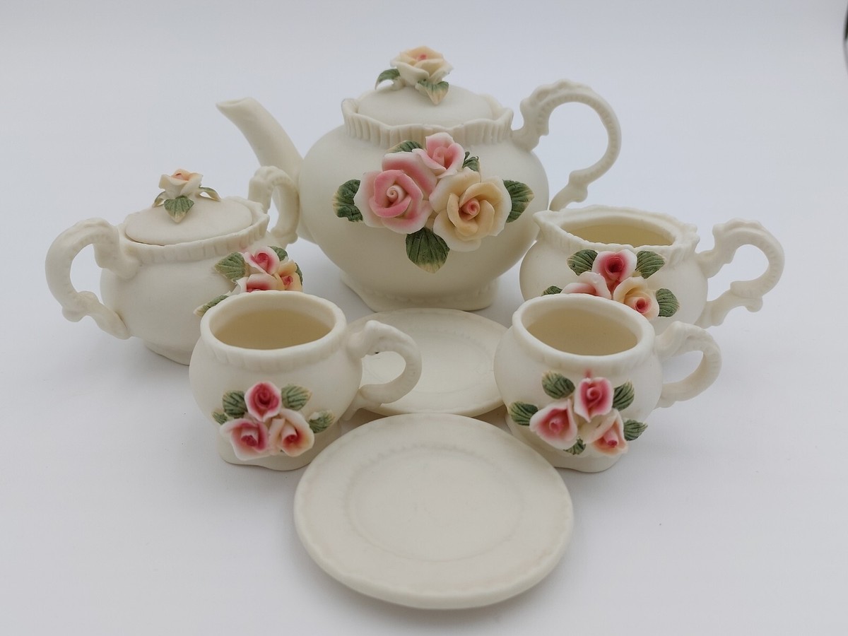 Miniature Tea Set Bisque Porcelain Piece Rose Pattern Raised