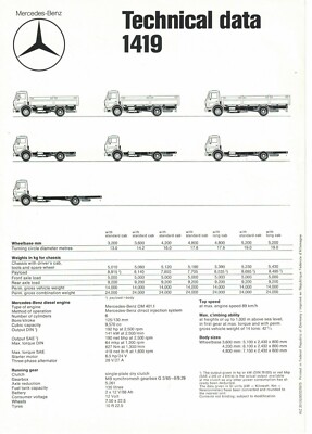 Mercedes Benz 1419 Technical Data Brochure 1975 Lorry Truck 7385F