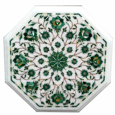 15'' White Marble Side Corner Table inlay semi precious stones Handmade work