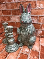 LAURIE GATES RABBIT BUNNY 13" COOKIE JAR & RARE CANDLESTICKS LOS ANGELES POTTERY