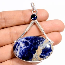 Natural Sodalite Sapphire Gemstone 925 Silver Handmade Pendant 2.3" ARP-6168