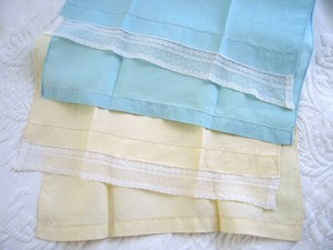 2 Vintage Blue & Yellow Linen Hand Guest Towels French Valenciennes Lace Trimmed