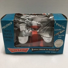 Cream N Sugar Set w/Tray 3 Piece Polished Triple Plated Chromed Steel Dairy Farm