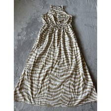 Loft Women's Small Tiger Print Midi Pocket Key Hole Neck Dress White And Tan