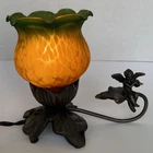 Vtg Tiffany Style Lamp Glass Tulip Cherub with Violin Yellow Green Table Desk