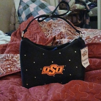 Black OSU Logo Studded Embroidered Small Crescent Shoulder Bag, Zip, Pockets