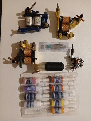Lot of 4 Tattoo Machines Dragon hawk one with the name Tattoo & 9 bottles Ink