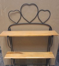 Vintage Solid Wood Metal Wall Shelf Heart Cut Outs Country Cabin Farmhouse