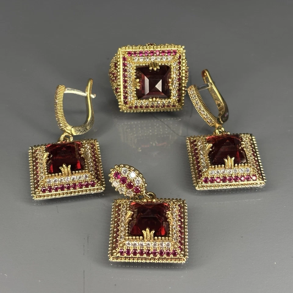 Ruby & Zircon Stone 925 Sterling Silver Earrings Set: Turkish Handmade Jewelry - Image 3 of 3