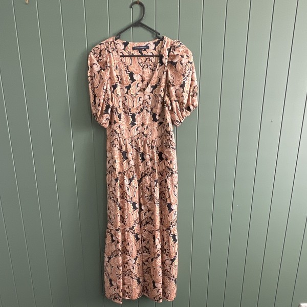 French Connection Paisley Puff Sleeve V-Neck Midi A-Line Chiffon Dress 8